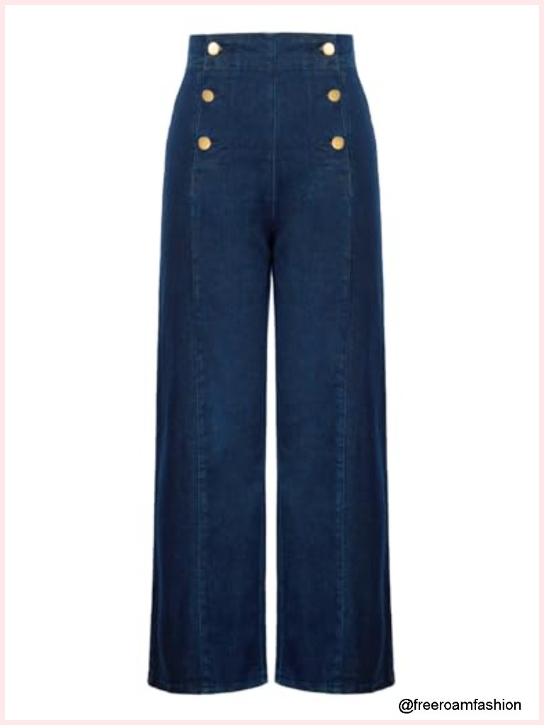 High Waisted Wide Leg Jeans Button Decorated Stretchy Denim Pants With Pockets